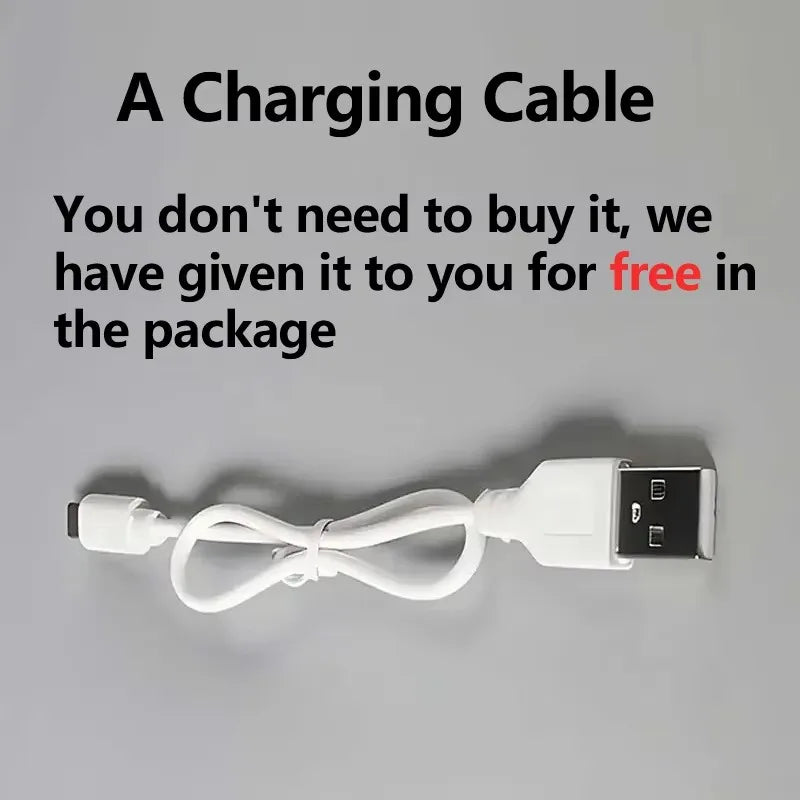White charging cable on a gray background with text about it being free in the package.