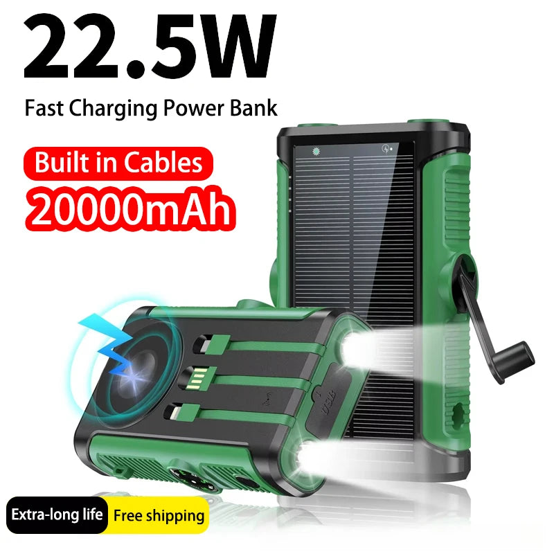 Solar Power Bank 20000mAh 22.5W Magnetic Wireless Hand Crank with Cable
