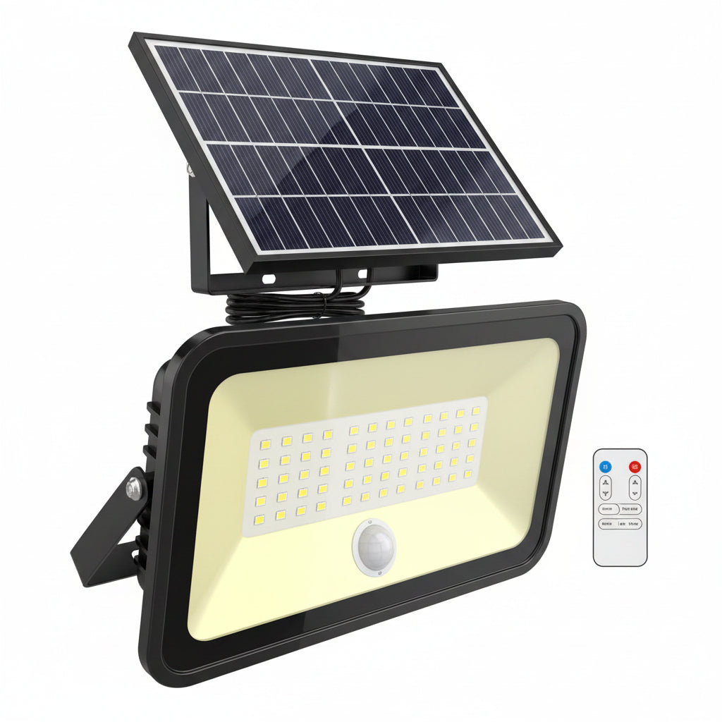 Solar-powered outdoor security light with a mounted solar panel, curved LED light bar, motion sensor, 5-meter cable, and a handheld remote control, with text highlighting 234 LEDs, motion sensing, and IP65 waterproof.