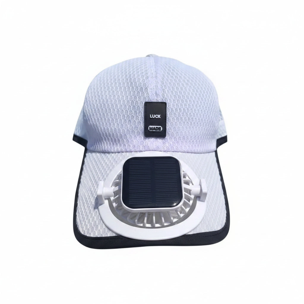 Cap with solar panel and measurement details on a white background