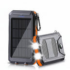 Solar-powered power bank with 80000mAh capacity on a white background