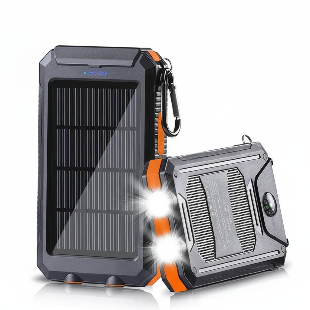 Solar-powered power bank with 80000mAh capacity on a white background