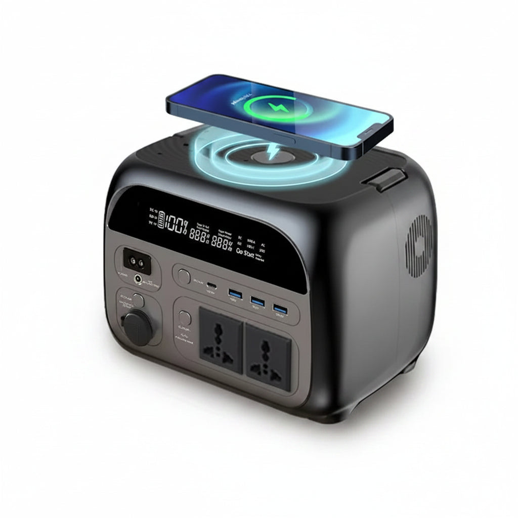 Portable solar generator with phone charging feature on a white background
