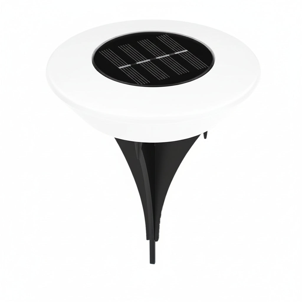 A solar-powered ground stake light with a white circular diffuser and black solar panel, shown with dimension arrows and text indicating 14.5cm/5.
