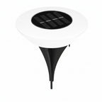 A solar-powered ground stake light with a white circular diffuser and black solar panel, shown with dimension arrows and text indicating 14.5cm/5.